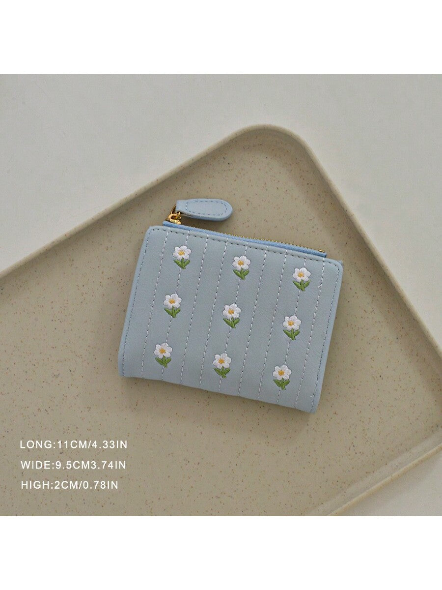 Korean Style Mini Wallet with Embroidered Floral Design - High Capacity Compact Purse - White