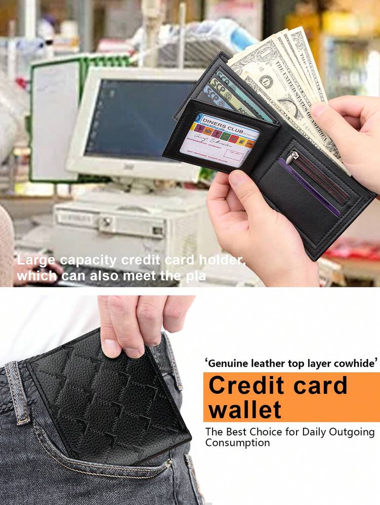 Men’s Black Business Wallet – Quilted Design, Multi-Card Holder with Zipper Coin Pocket