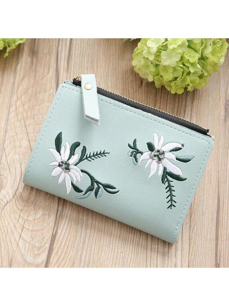 Small Black Bifold Wallet with White Flower Embroidery and Zipper Closure