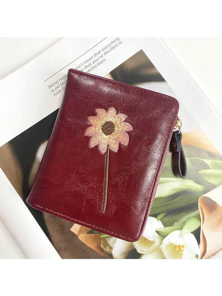 Women’s Short Wallet with Sunflower Embroidery – Retro Fashion Zipper Coin Purse