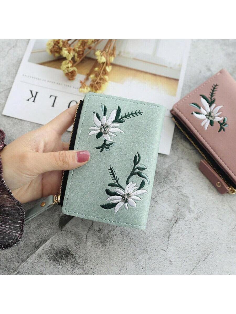 Small Black Bifold Wallet with White Flower Embroidery and Zipper Closure