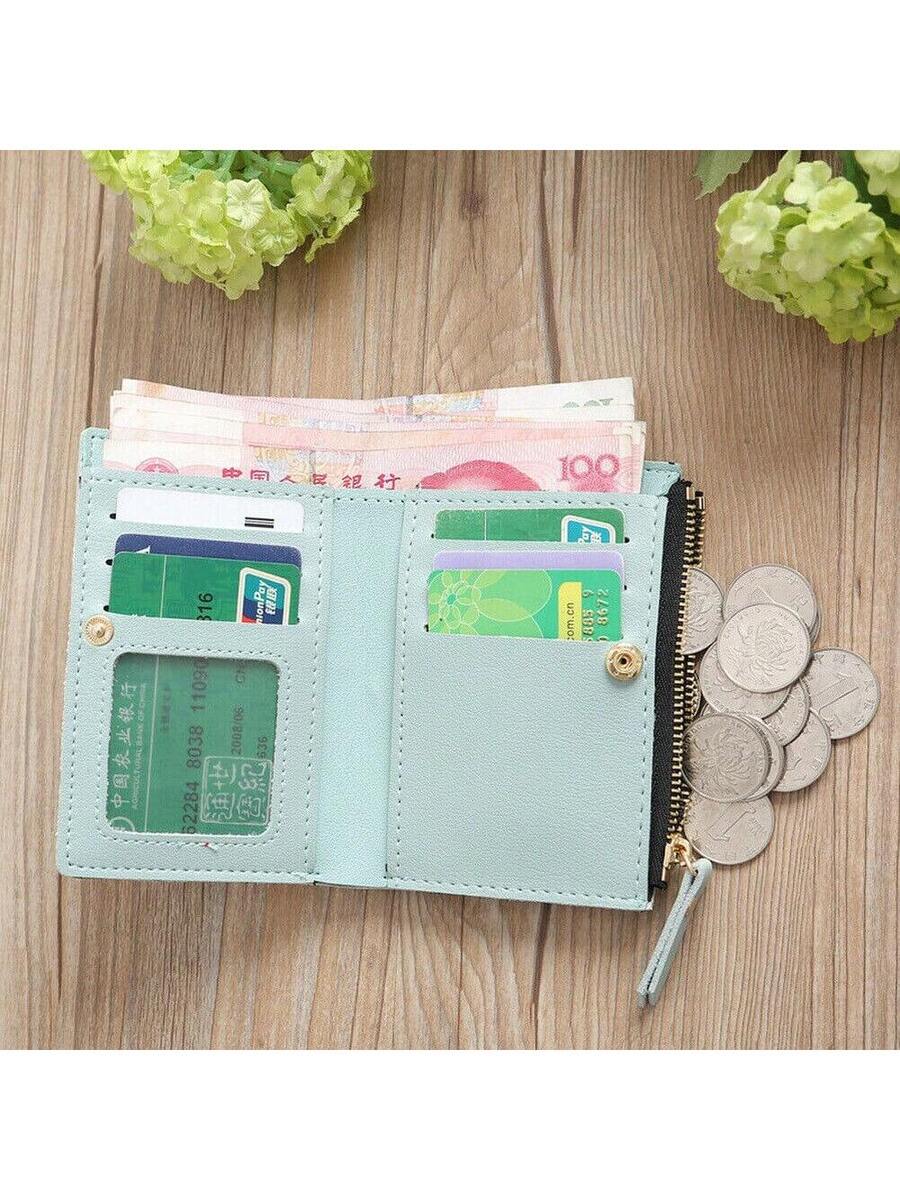 Small Black Bifold Wallet with White Flower Embroidery and Zipper Closure