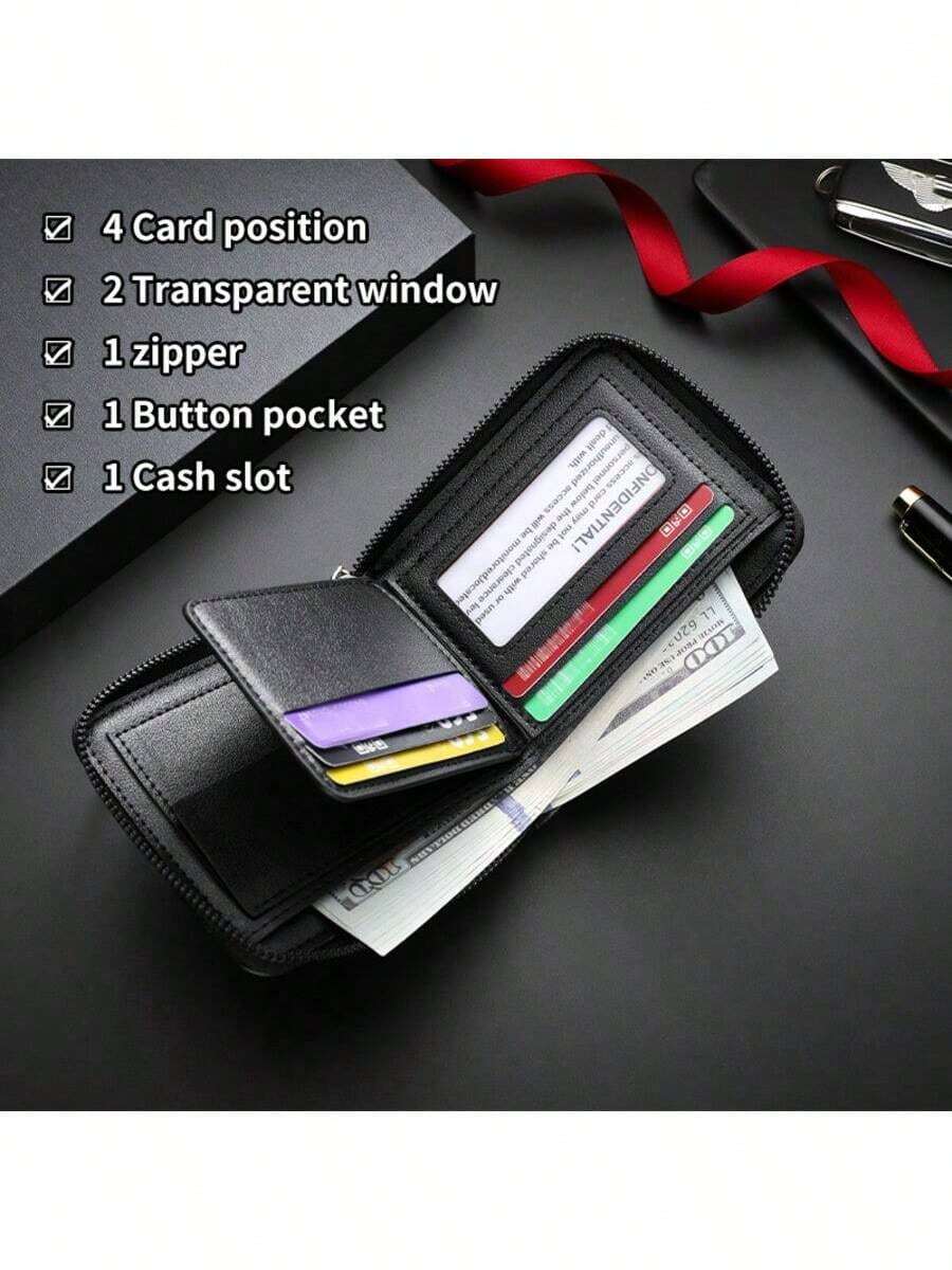 Men’s Luxury Black Leather Wallet – RFID Zipper Card Holder with Coin Pocket