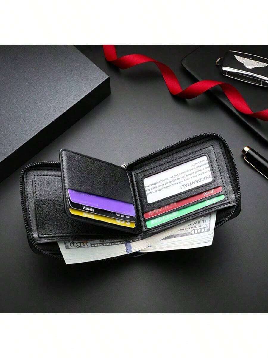 Men’s Luxury Black Leather Wallet – RFID Zipper Card Holder with Coin Pocket