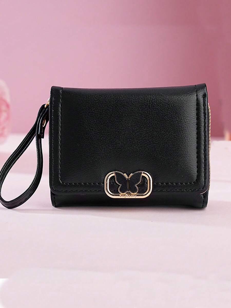 Women's Short Zipper Trifold Wallet with Butterfly Metal Decor