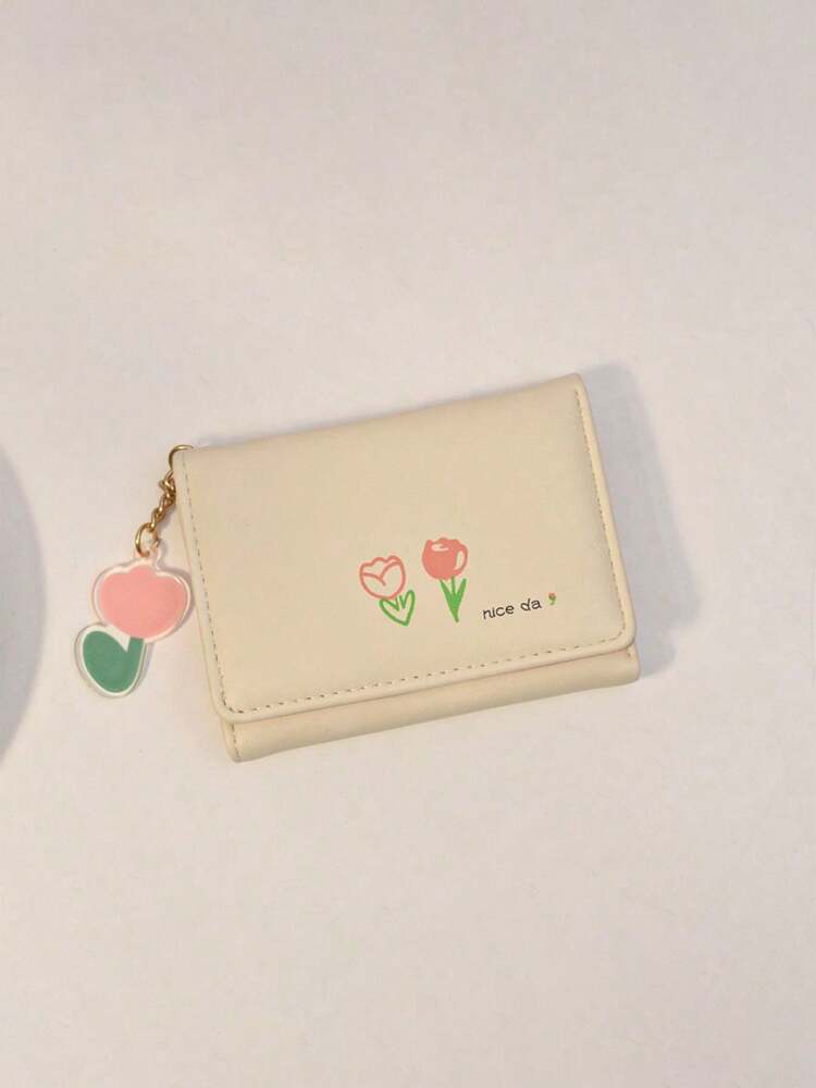 Korean Style Trifold Wallet – Cream PU Leather with Cartoon Floral Print & Heart Charm