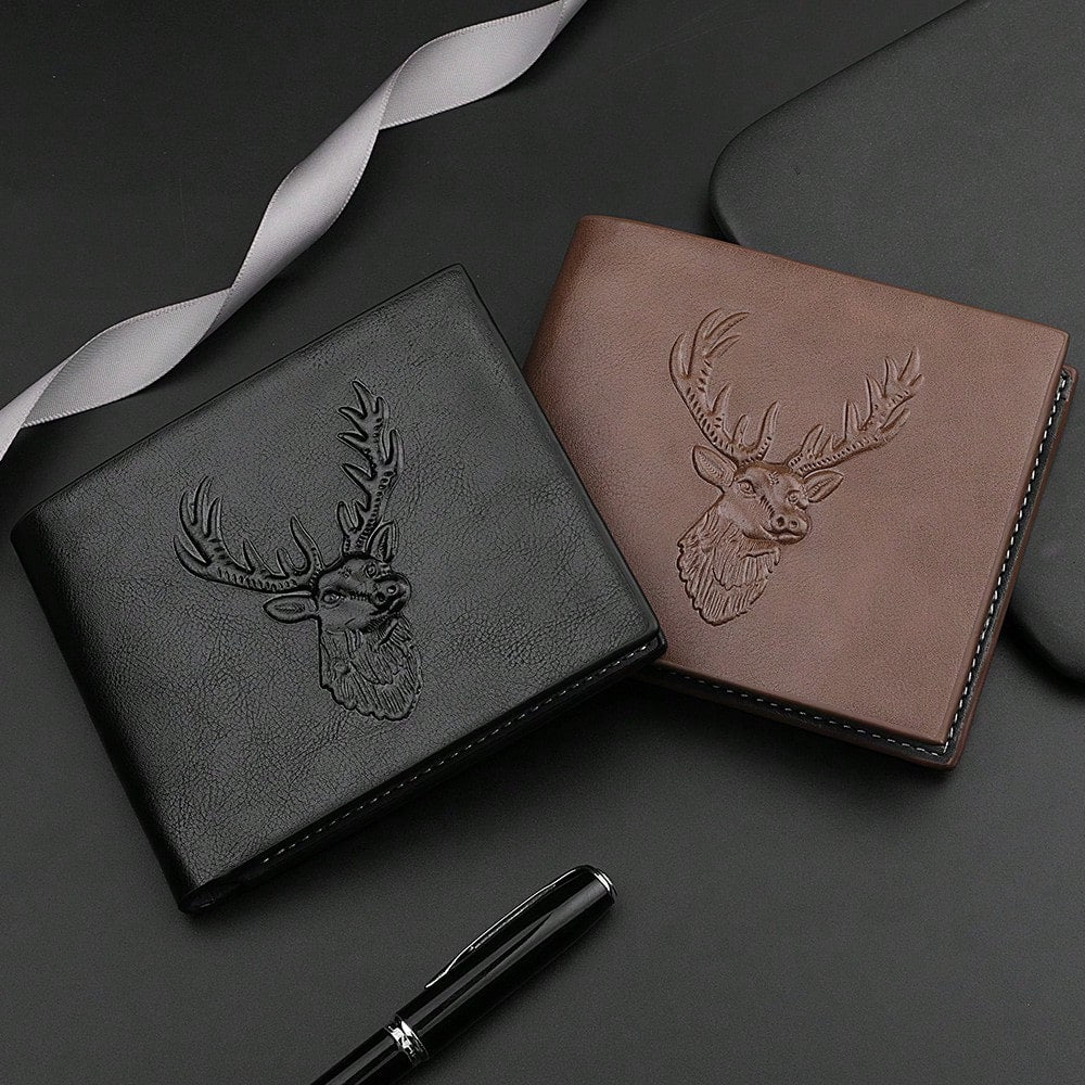 Men's Vintage Reindeer Embossed PU Leather Wallet – Multi-Function Bifold Card Holder