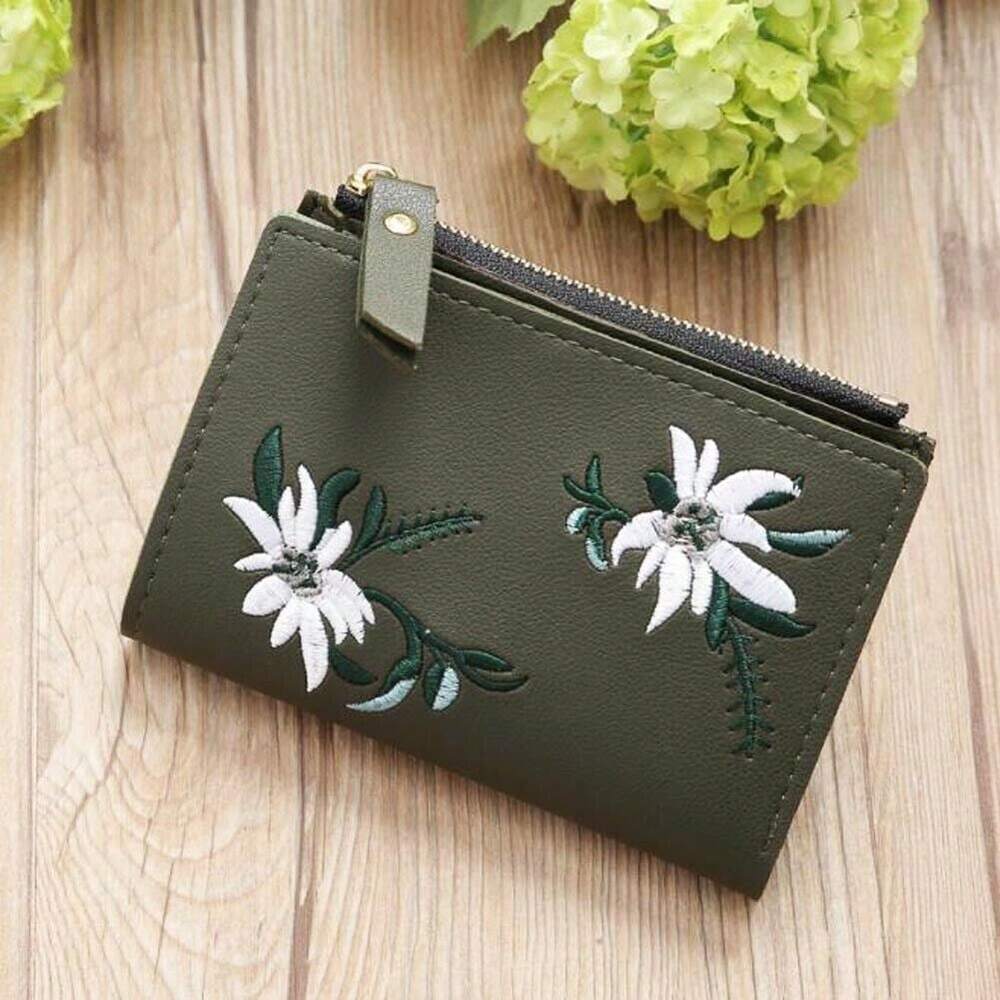 Small Black Bifold Wallet with White Flower Embroidery and Zipper Closure