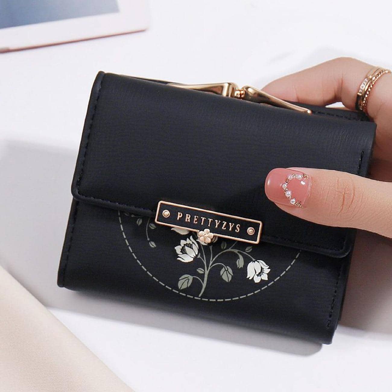 PRETTYZYS Floral Pattern Mini Black Wallet – Lightweight PU Leather with Multi-Card Layers