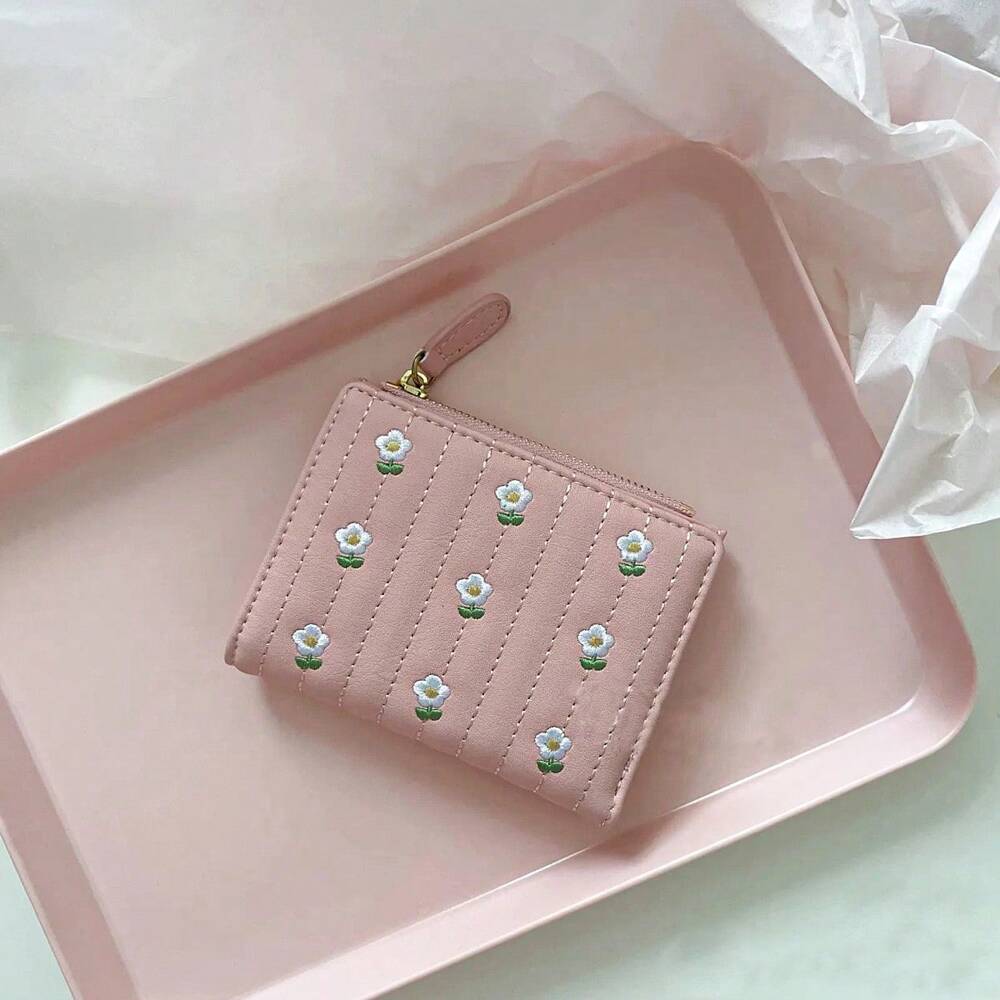 Korean Style Mini Wallet with Embroidered Floral Design - High Capacity Compact Purse - White