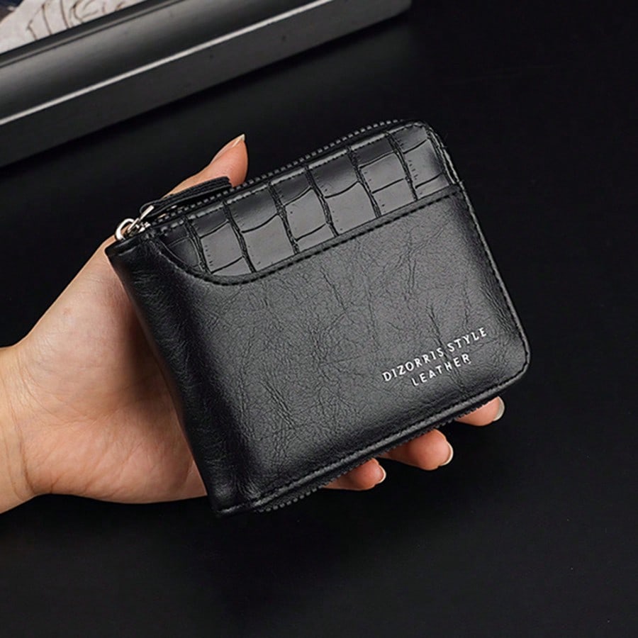 Men’s Luxury Black Leather Wallet – RFID Zipper Card Holder with Coin Pocket