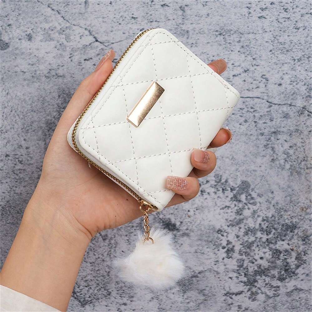 Mini Quilted PU Leather Coin Purse – White with Gold Accent & Fuzzy Charm