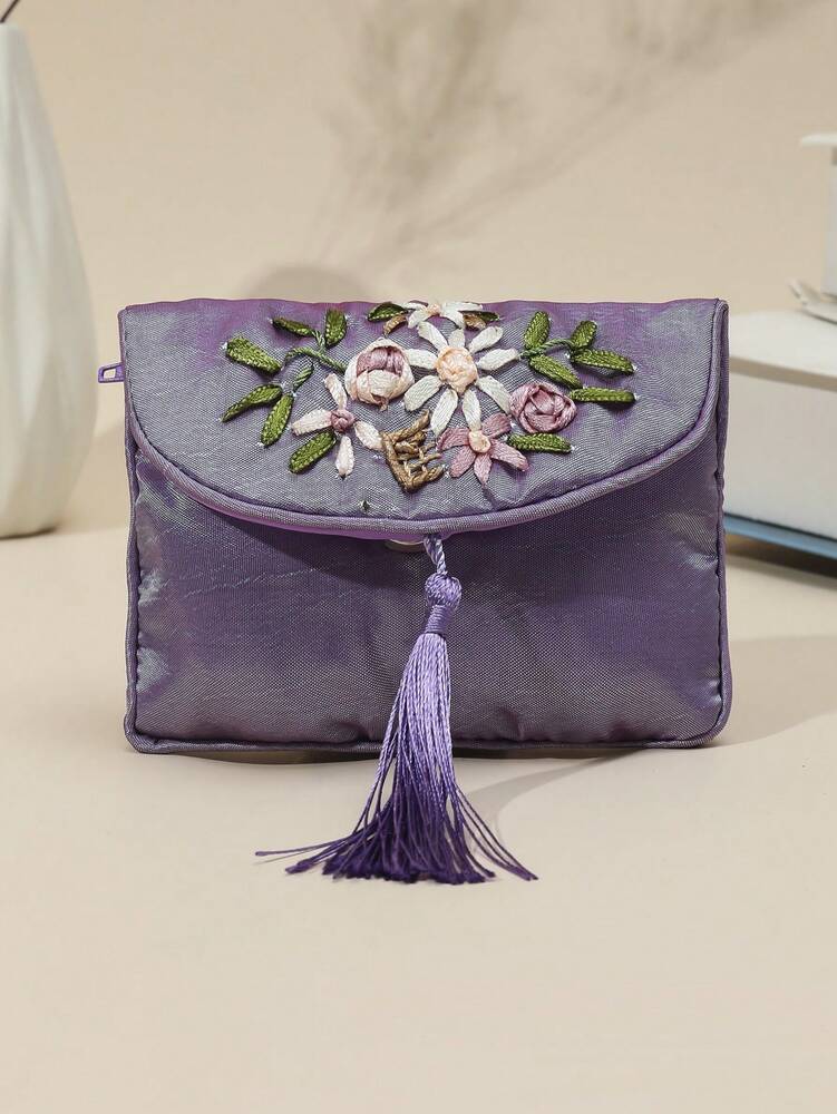 Women's Embroidered Wallet – Vintage Zip Clutch with Large Capacity | Flower Embroidery & Tassel Design