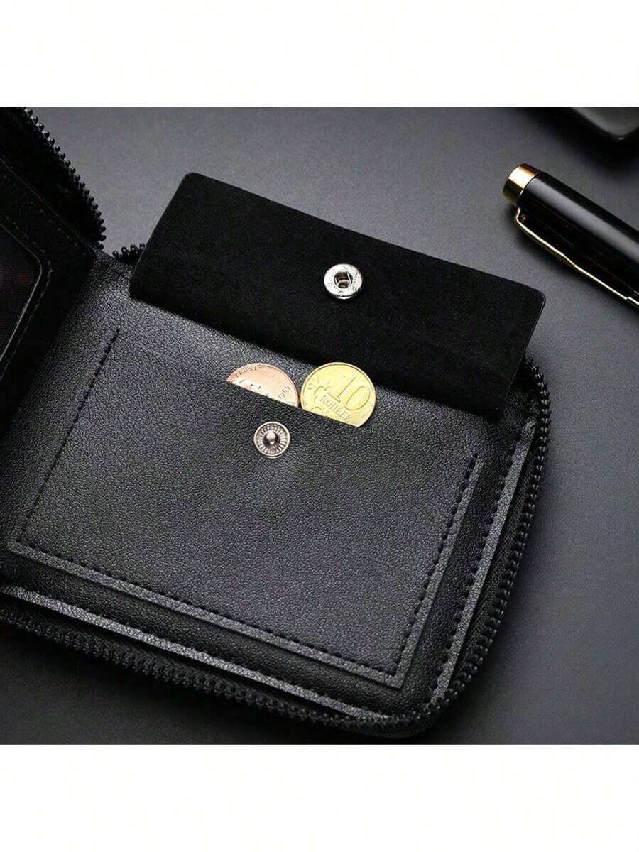 Men’s Luxury Black Leather Wallet – RFID Zipper Card Holder with Coin Pocket