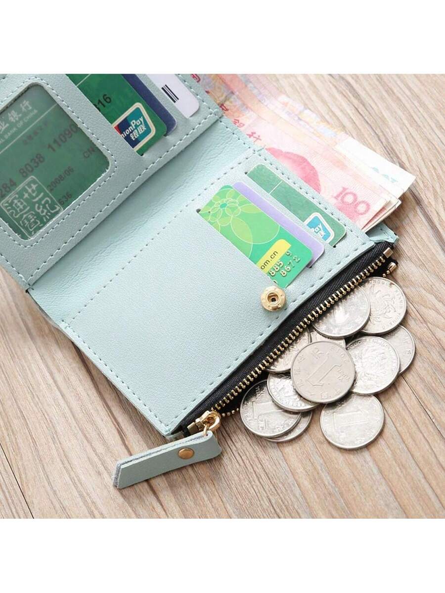 Small Black Bifold Wallet with White Flower Embroidery and Zipper Closure