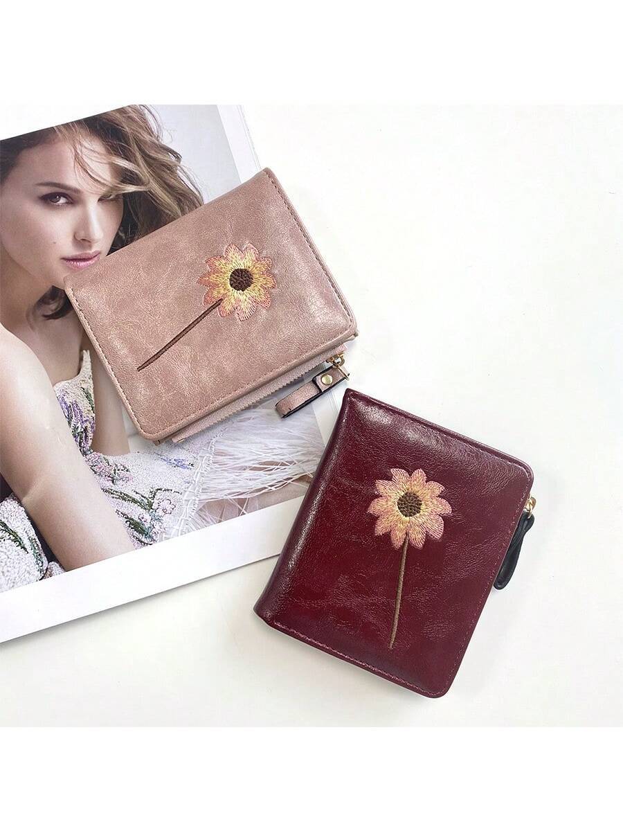 Women’s Short Wallet with Sunflower Embroidery – Retro Fashion Zipper Coin Purse
