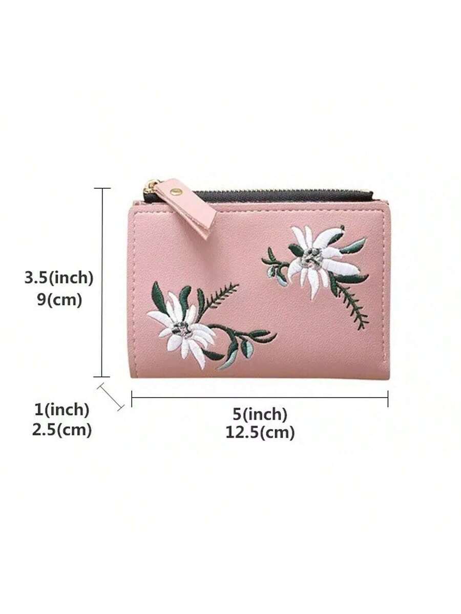 Small Black Bifold Wallet with White Flower Embroidery and Zipper Closure