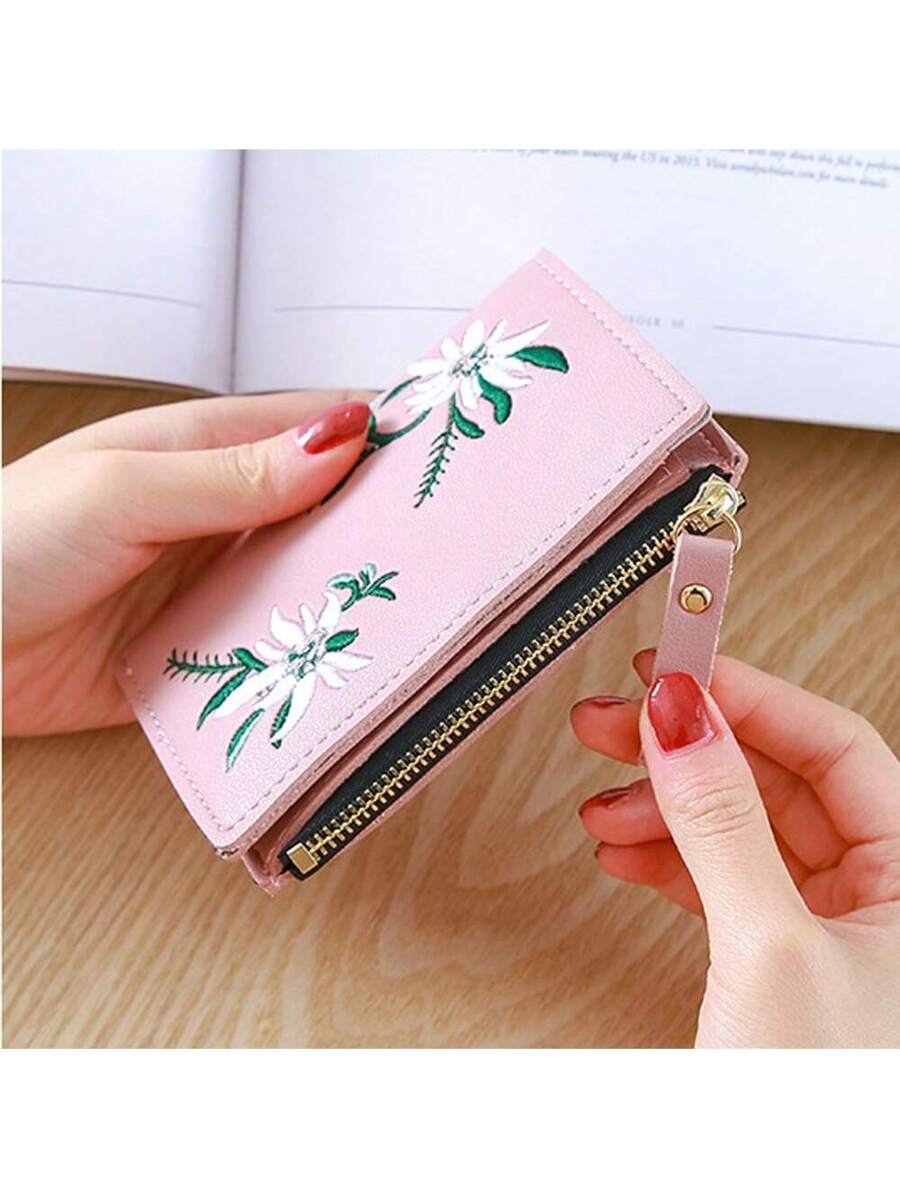 Small Black Bifold Wallet with White Flower Embroidery and Zipper Closure