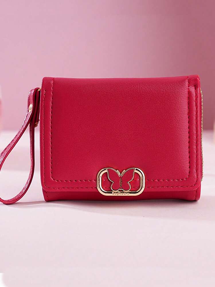 Women's Short Zipper Trifold Wallet with Butterfly Metal Decor
