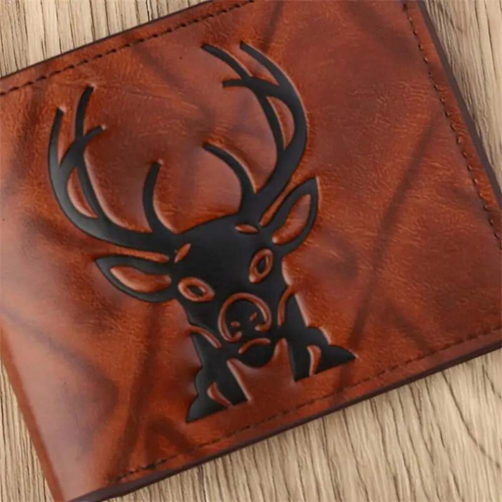 Men's Vintage Brown Wallet – Embossed Deer Head Design, Slim Bifold with Card Slots