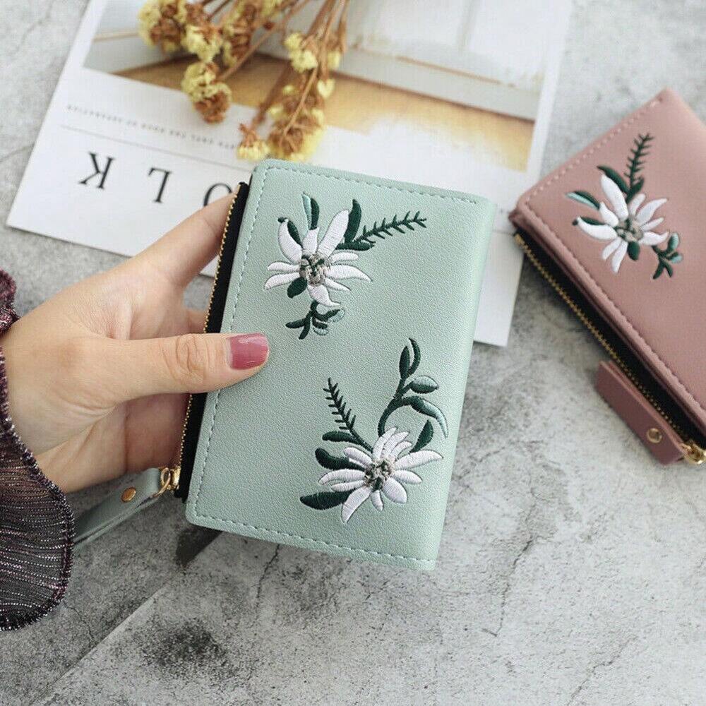 Small Black Bifold Wallet with White Flower Embroidery and Zipper Closure