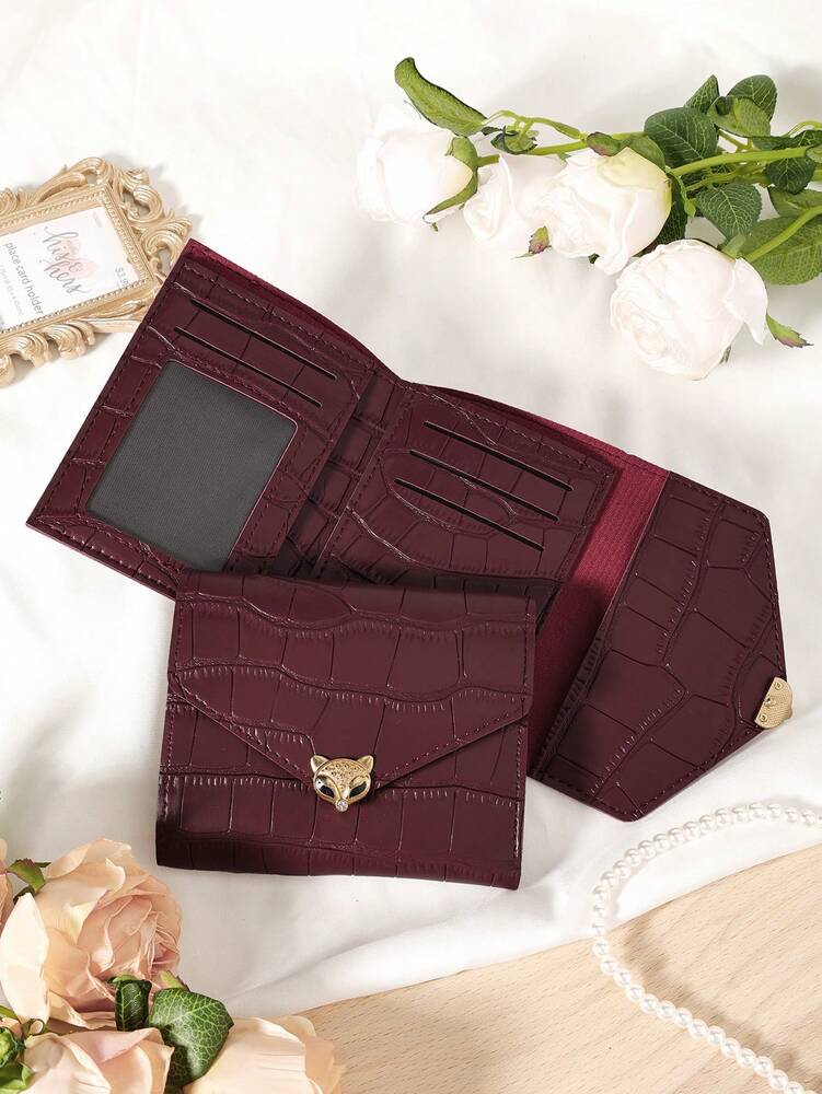 Burgundy Stone Pattern Mini Wallet with Fox Clasp
