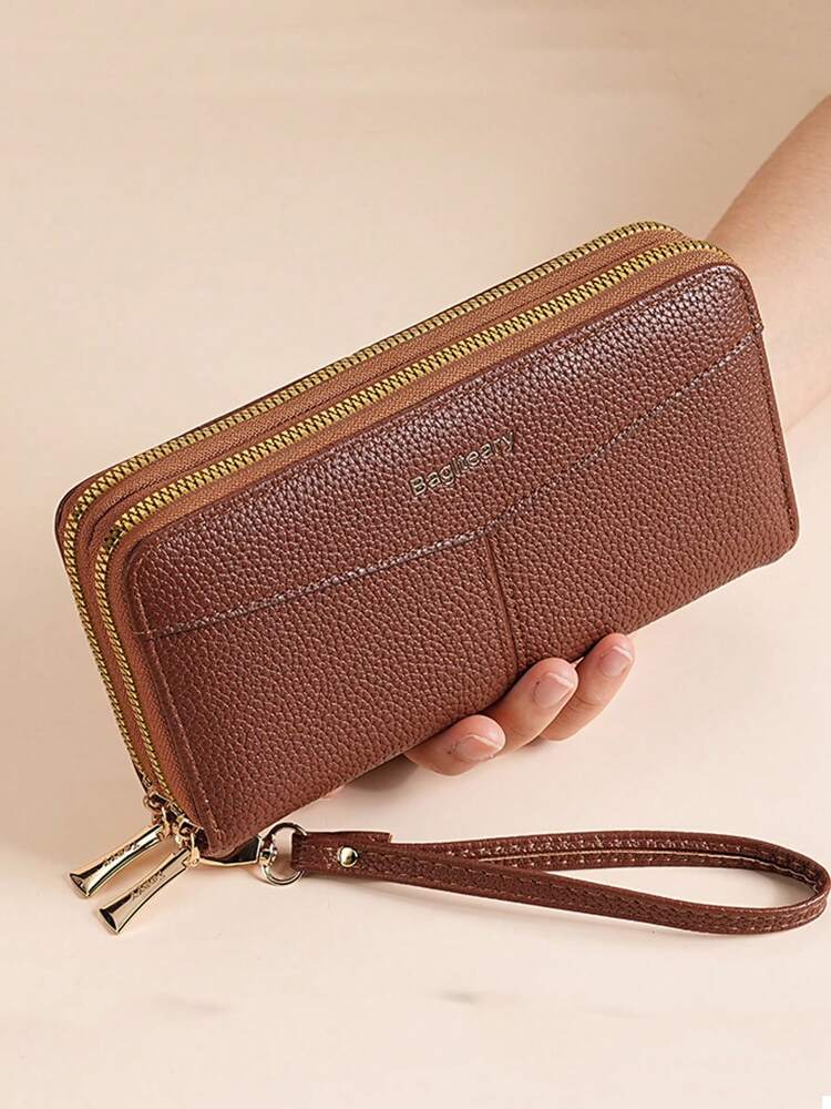 Women's Long Zipper Wallet with Wrist Strap – Multi-Card Phone Holder & Coin Purse (Brown)