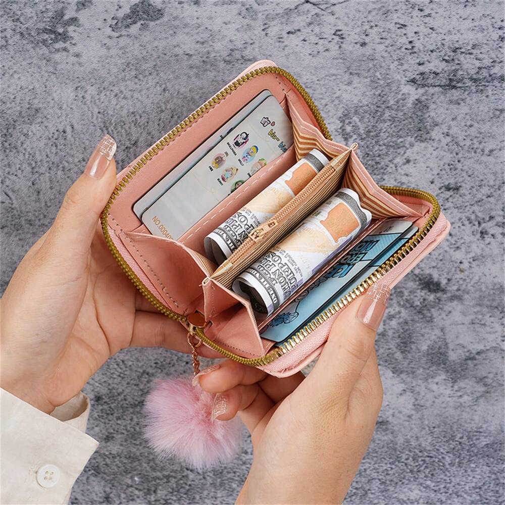Mini Quilted PU Leather Coin Purse – White with Gold Accent & Fuzzy Charm