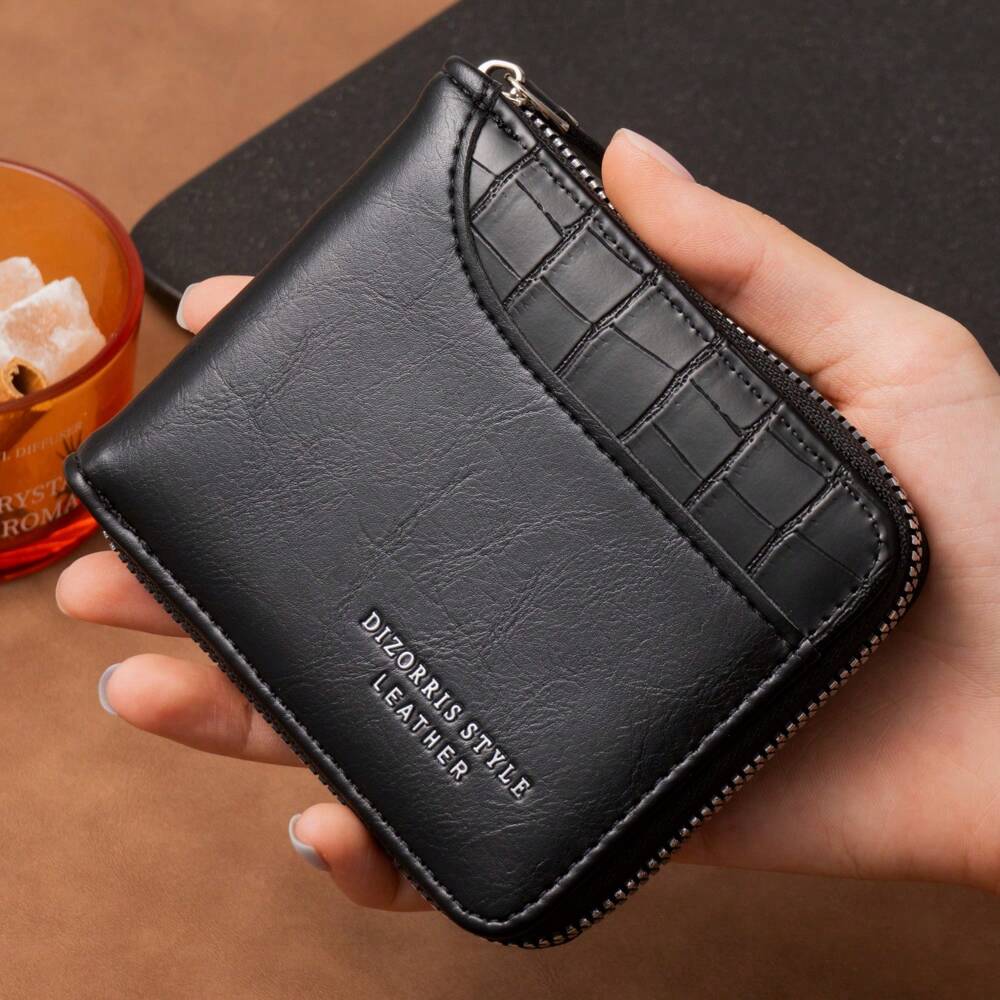 Men’s Luxury Black Leather Wallet – RFID Zipper Card Holder with Coin Pocket