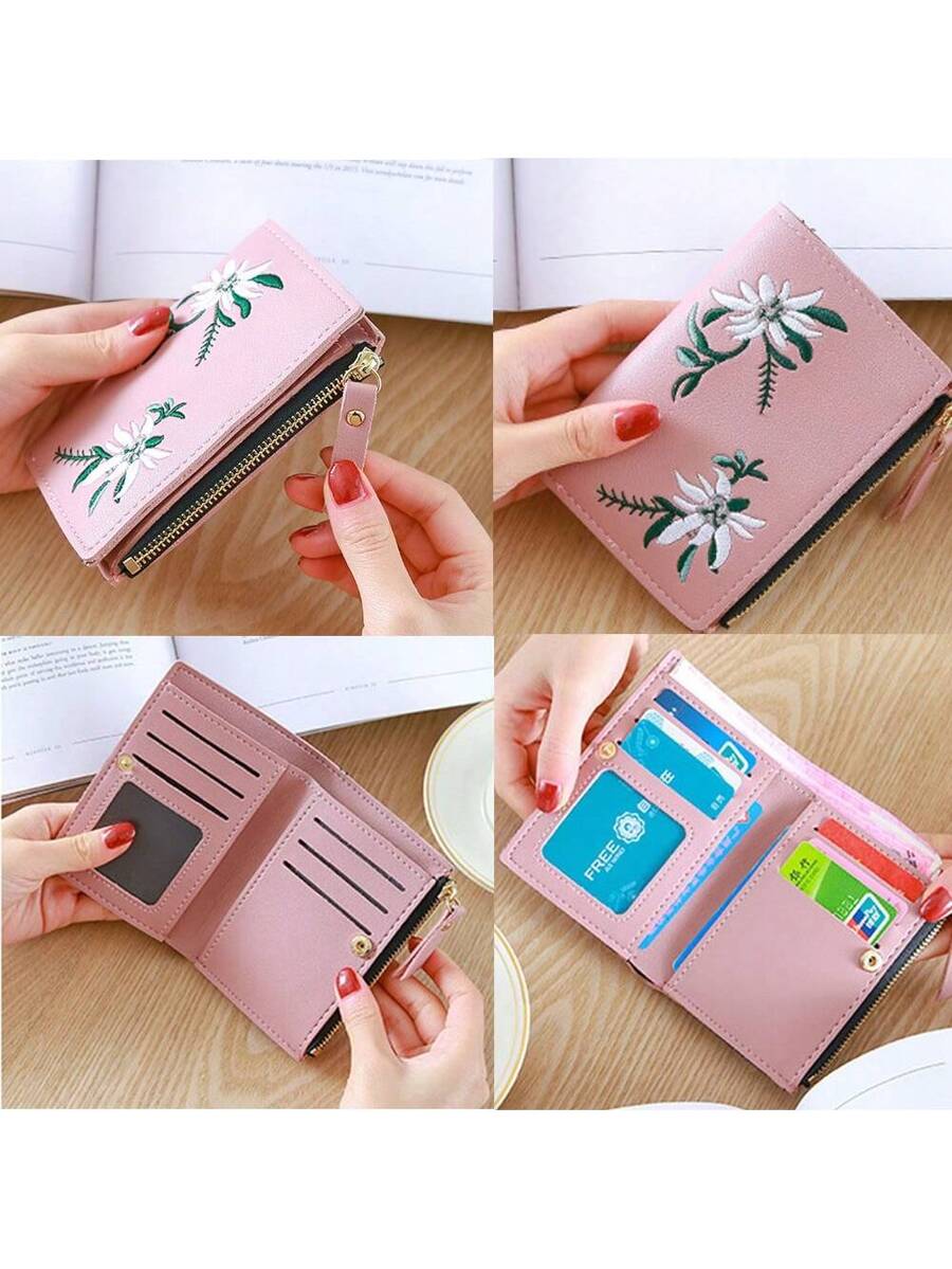 Small Black Bifold Wallet with White Flower Embroidery and Zipper Closure