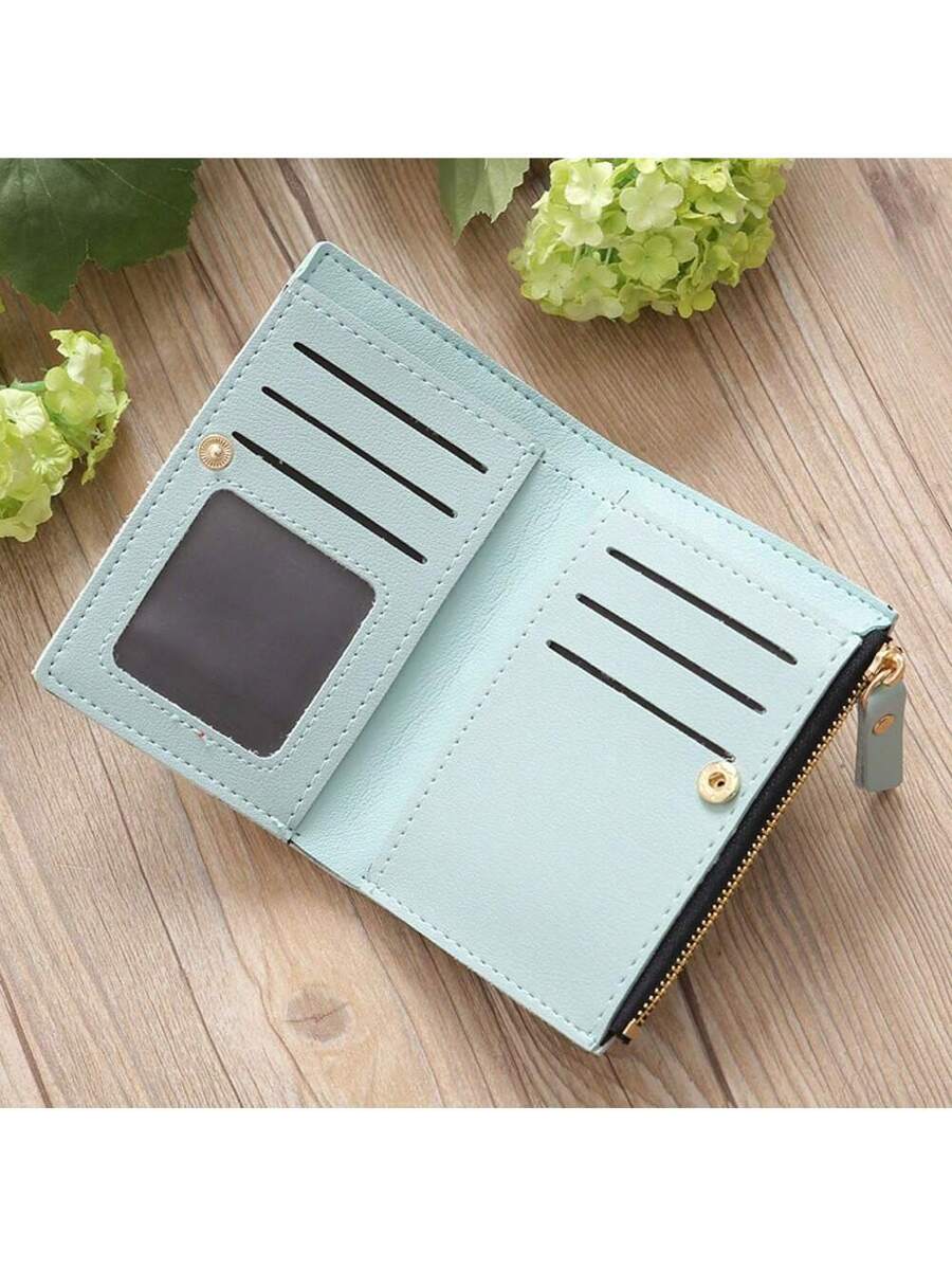 Small Black Bifold Wallet with White Flower Embroidery and Zipper Closure