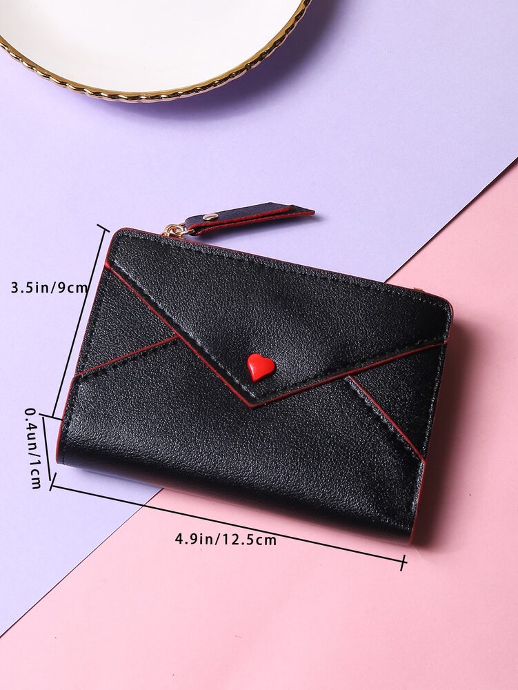 Heart Decor Credit Card Wallet with Small ID Window & Zipper Coin Purse – Portable and Stylish