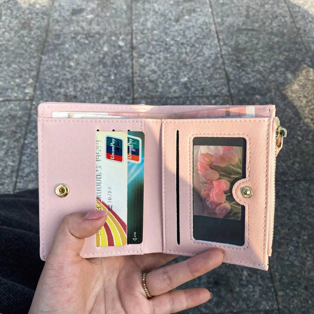 Korean Style Mini Wallet with Embroidered Floral Design - High Capacity Compact Purse - White