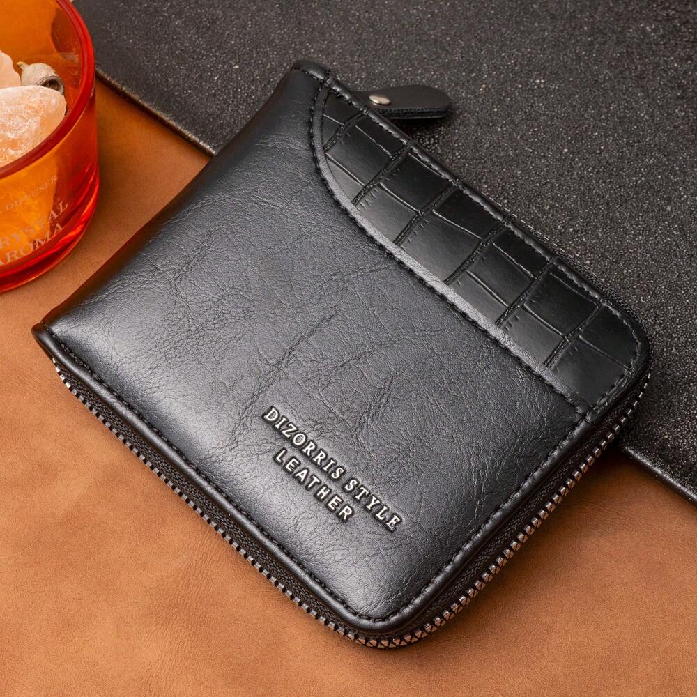 Men’s Luxury Black Leather Wallet – RFID Zipper Card Holder with Coin Pocket