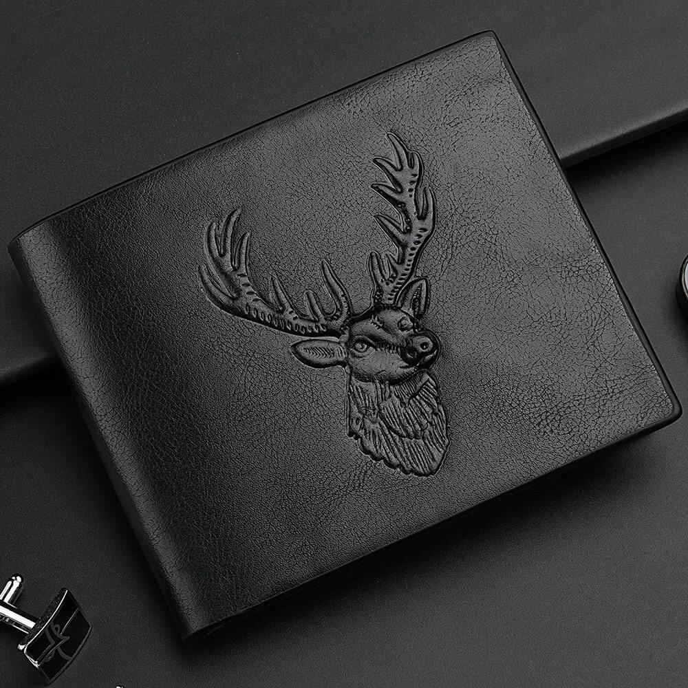 Men's Vintage Reindeer Embossed PU Leather Wallet – Multi-Function Bifold Card Holder