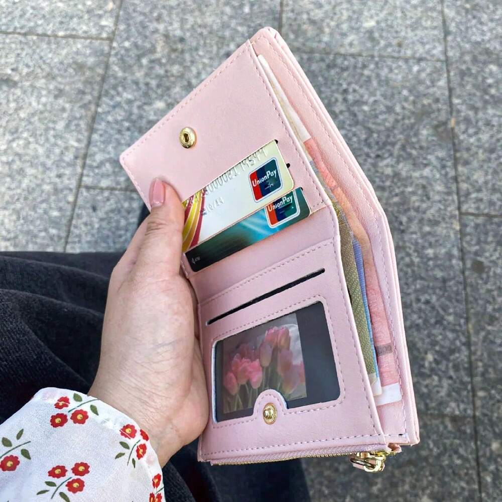 Korean Style Mini Wallet with Embroidered Floral Design - High Capacity Compact Purse - White