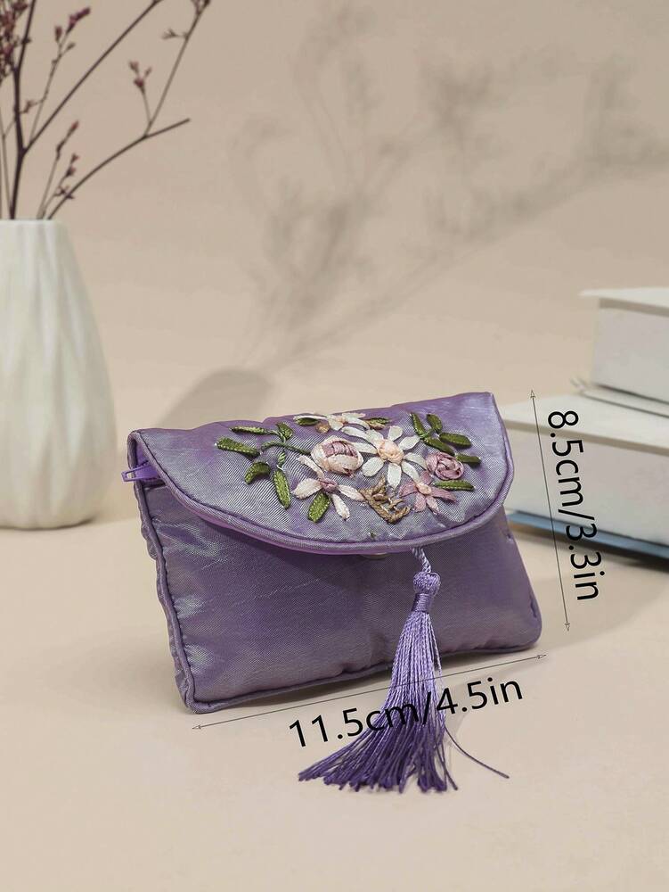 Women's Embroidered Wallet – Vintage Zip Clutch with Large Capacity | Flower Embroidery & Tassel Design