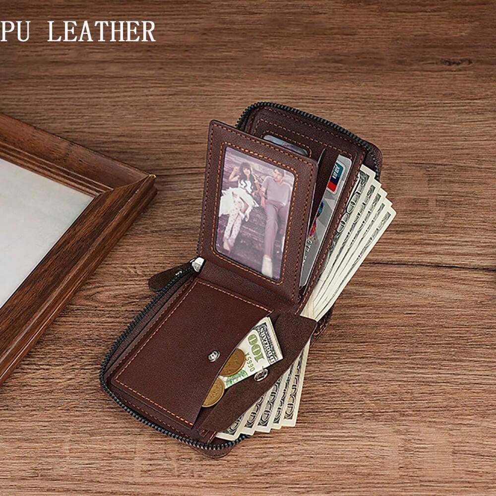 Vintage Multi-Function Bifold PU Leather Wallet – Men's Zippered Card & ID Holder