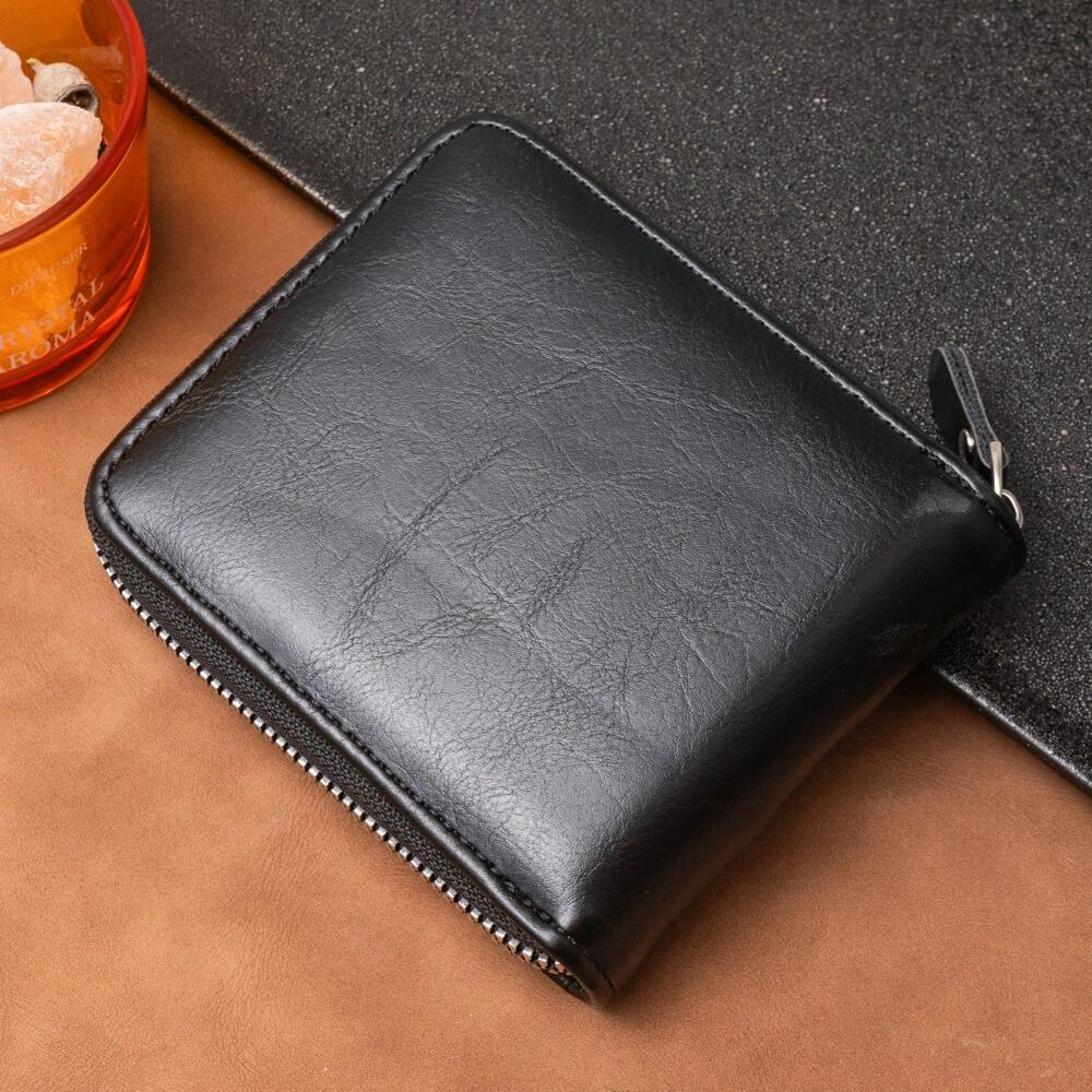 Men’s Luxury Black Leather Wallet – RFID Zipper Card Holder with Coin Pocket