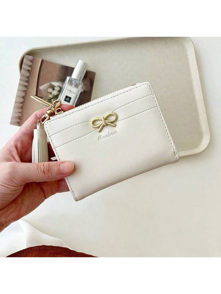 Women’s Pink Tassel Short Wallet – Korean Style Purse with Bow Charm & Card Slots