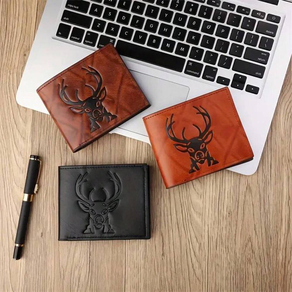 Men's Vintage Brown Wallet – Embossed Deer Head Design, Slim Bifold with Card Slots