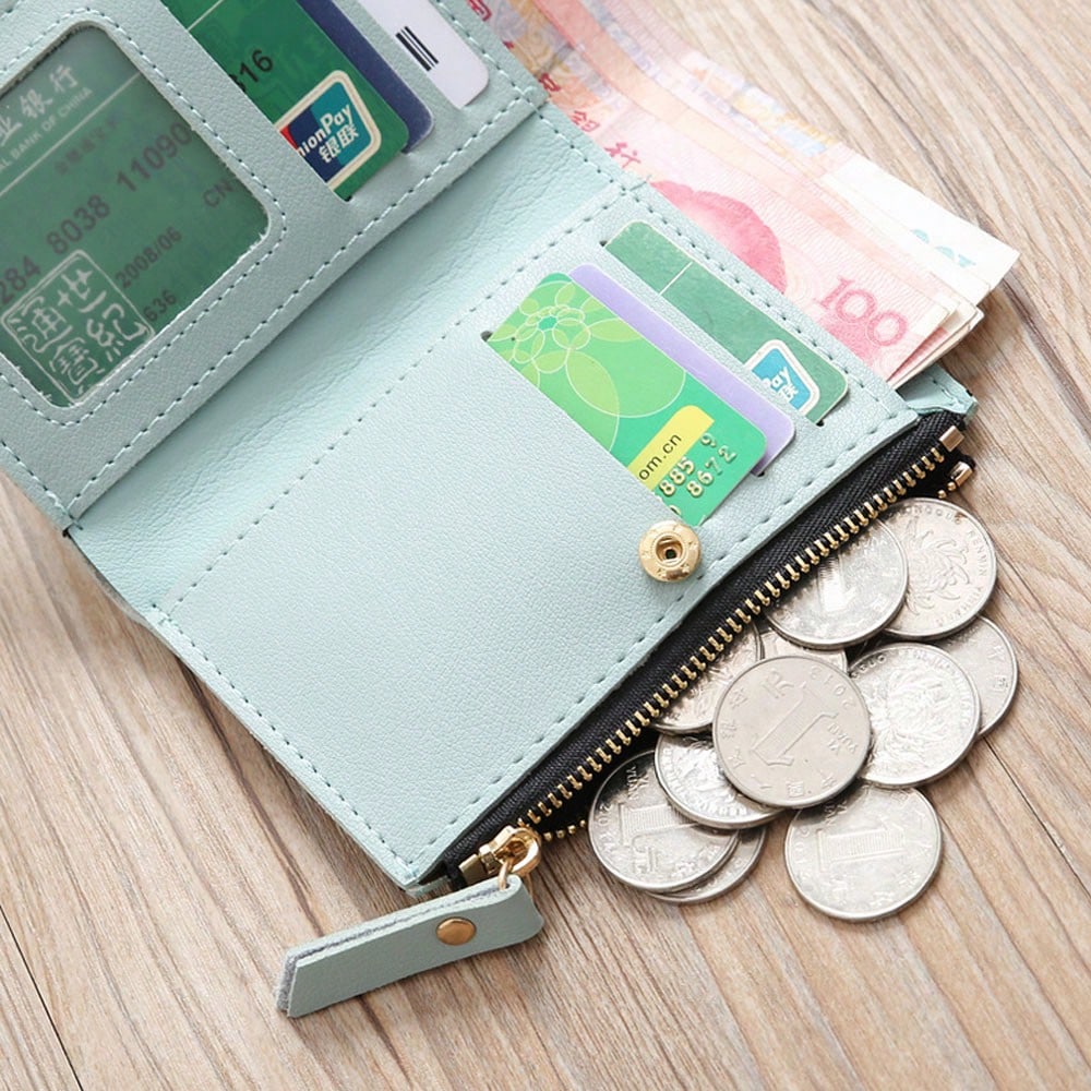 Small Black Bifold Wallet with White Flower Embroidery and Zipper Closure