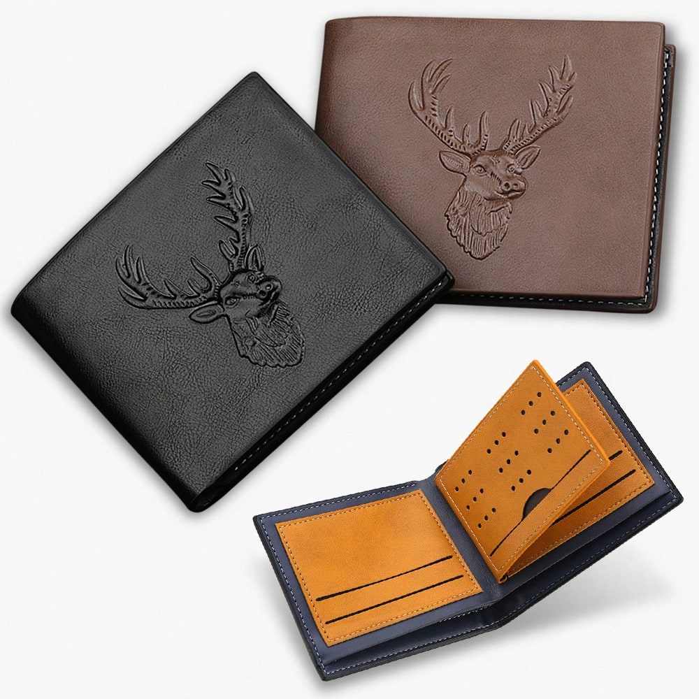Men's Vintage Reindeer Embossed PU Leather Wallet – Multi-Function Bifold Card Holder
