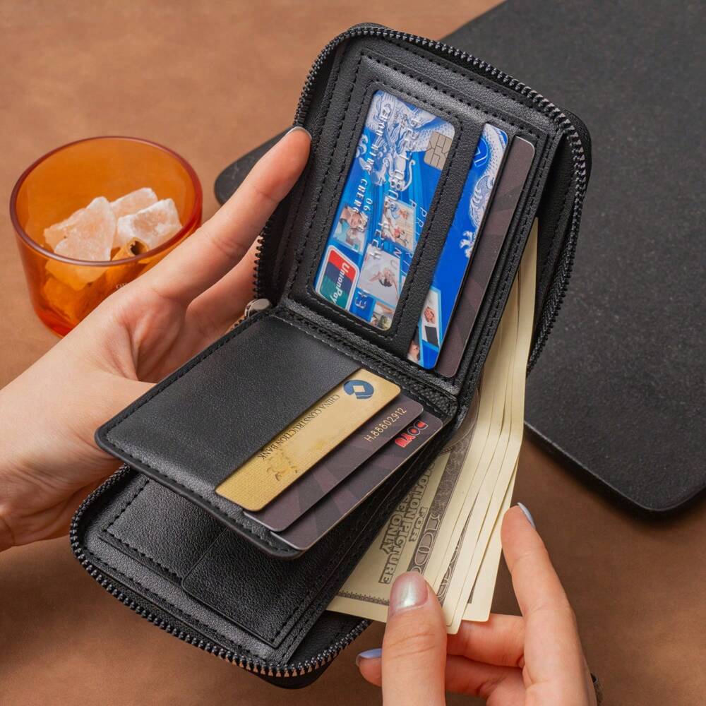 Men’s Luxury Black Leather Wallet – RFID Zipper Card Holder with Coin Pocket