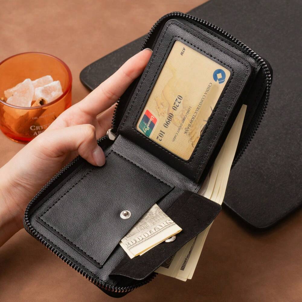 Men’s Luxury Black Leather Wallet – RFID Zipper Card Holder with Coin Pocket