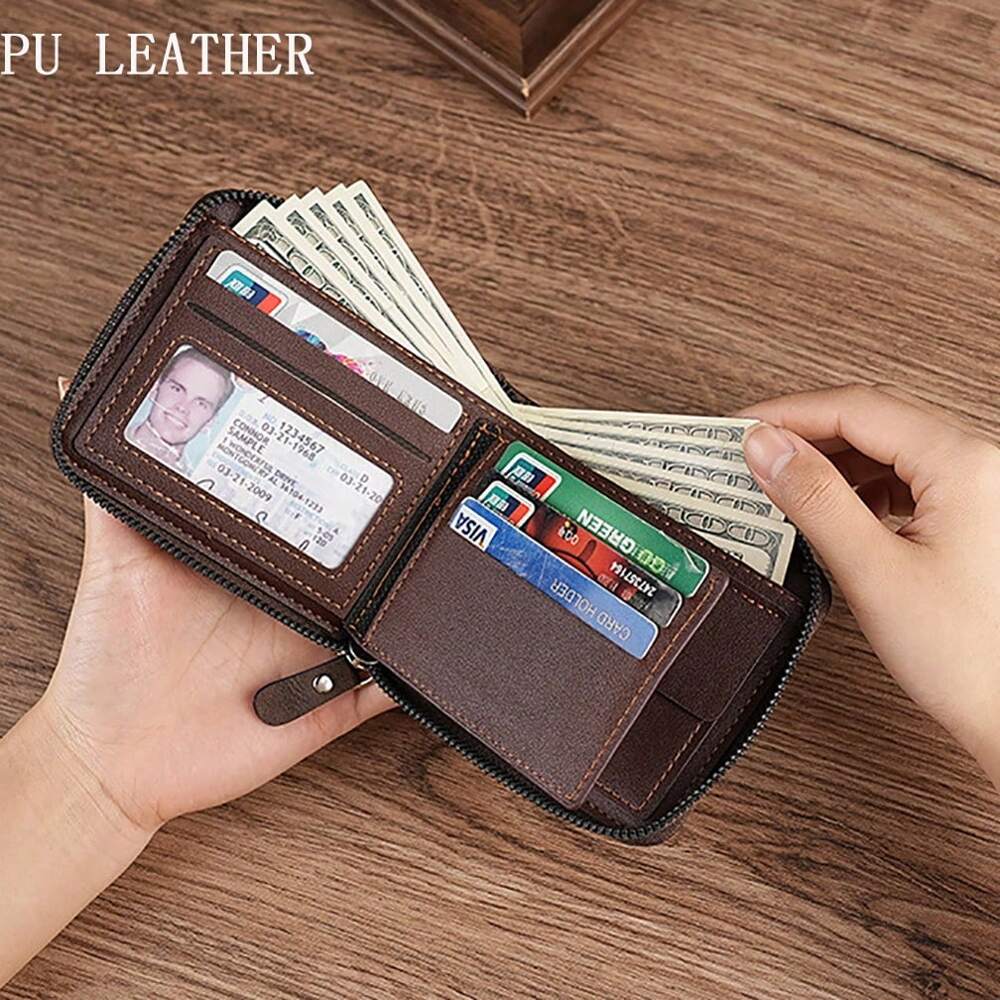 Vintage Multi-Function Bifold PU Leather Wallet – Men's Zippered Card & ID Holder