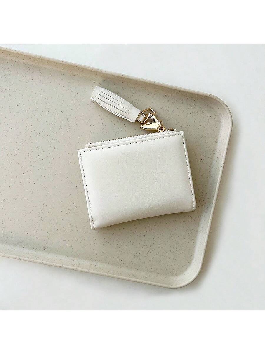 Women’s Pink Tassel Short Wallet – Korean Style Purse with Bow Charm & Card Slots