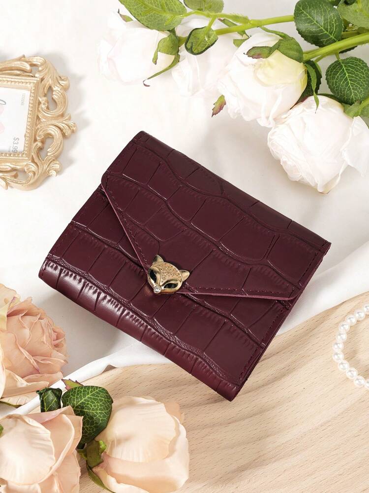 Burgundy Stone Pattern Mini Wallet with Fox Clasp