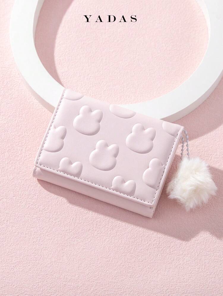 YADAS Plush Bunny Embossed Coin With 3D Pom Pom Valentines For Women Wallet Purse Small Wallet