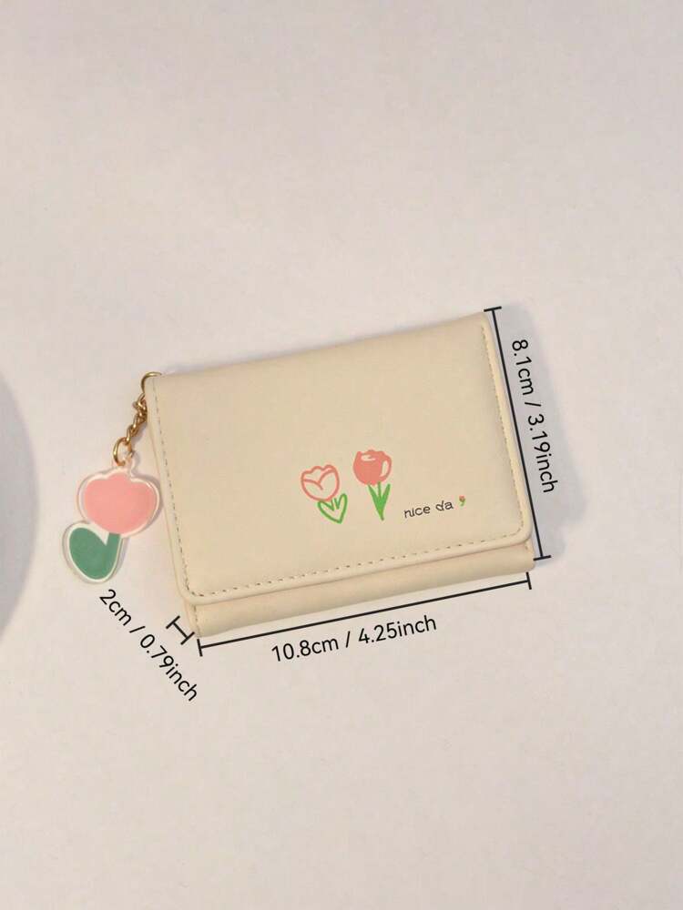 Korean Style Trifold Wallet – Cream PU Leather with Cartoon Floral Print & Heart Charm